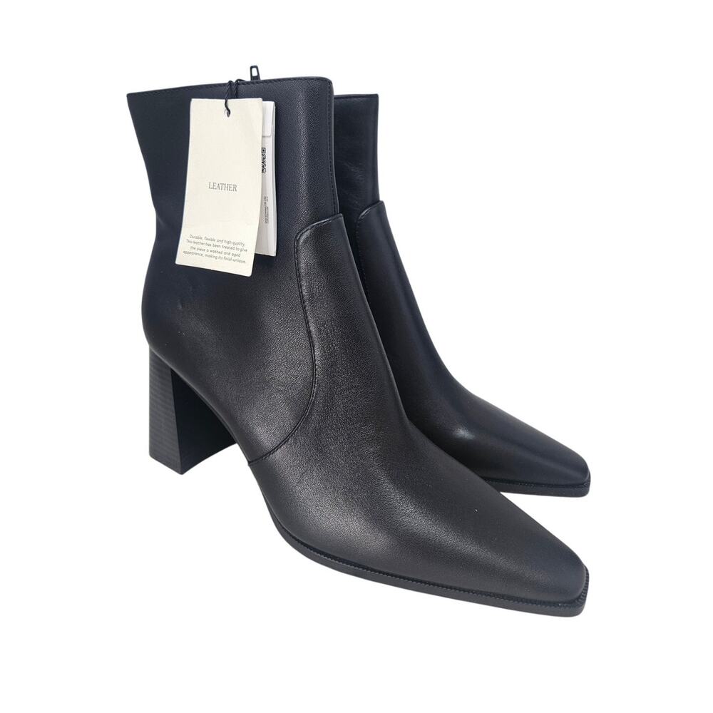 NEW Mango 39 Black Leather Ankle Boot Minimalist Goth Classic Heel Preppy